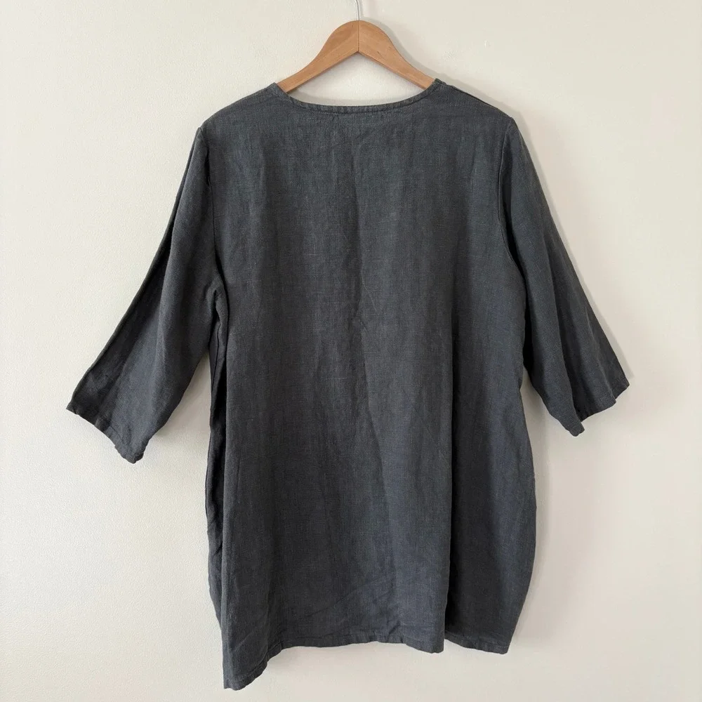 Bryn Walker Tunic Top S Gray Lagenlook Linen 3/4 Sleeve Pockets Made in USA